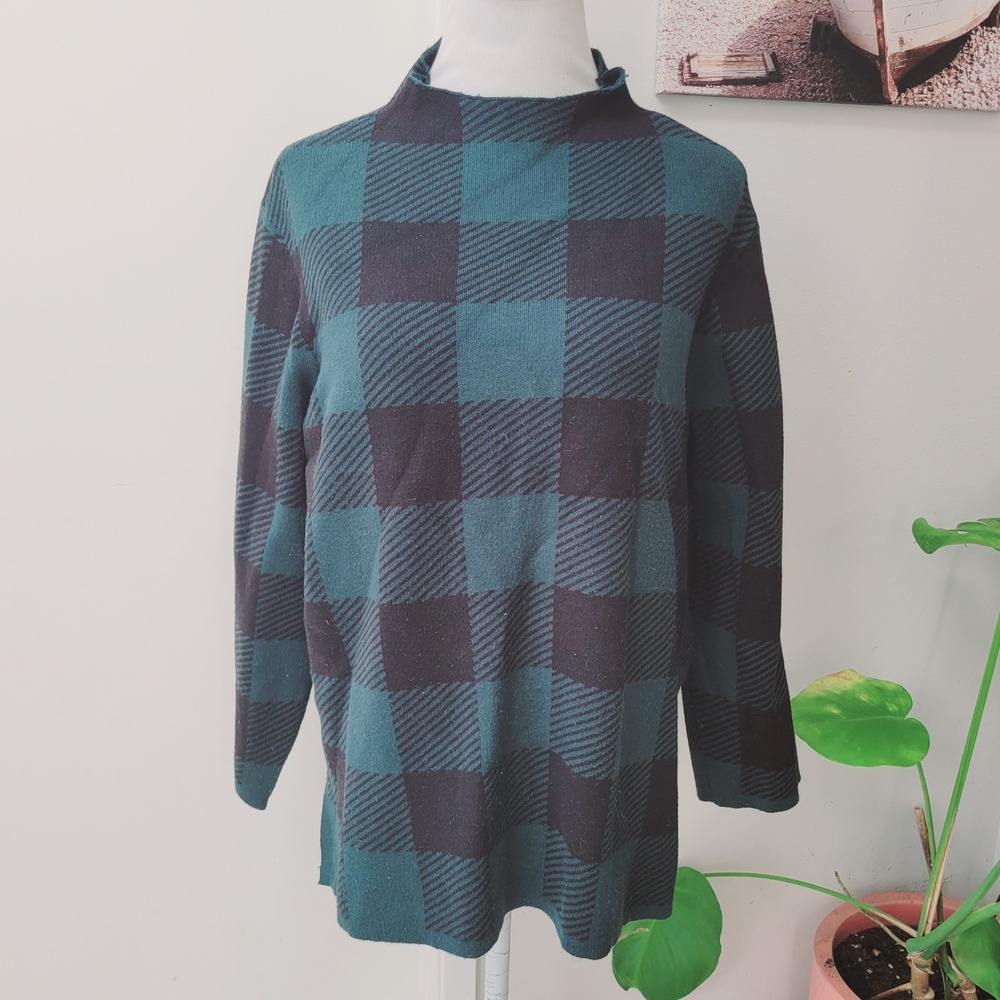 Anne Klein Buffalo‎ Plaid Mock Neck Tunic Top Long Sleeve Green Black Large Knit